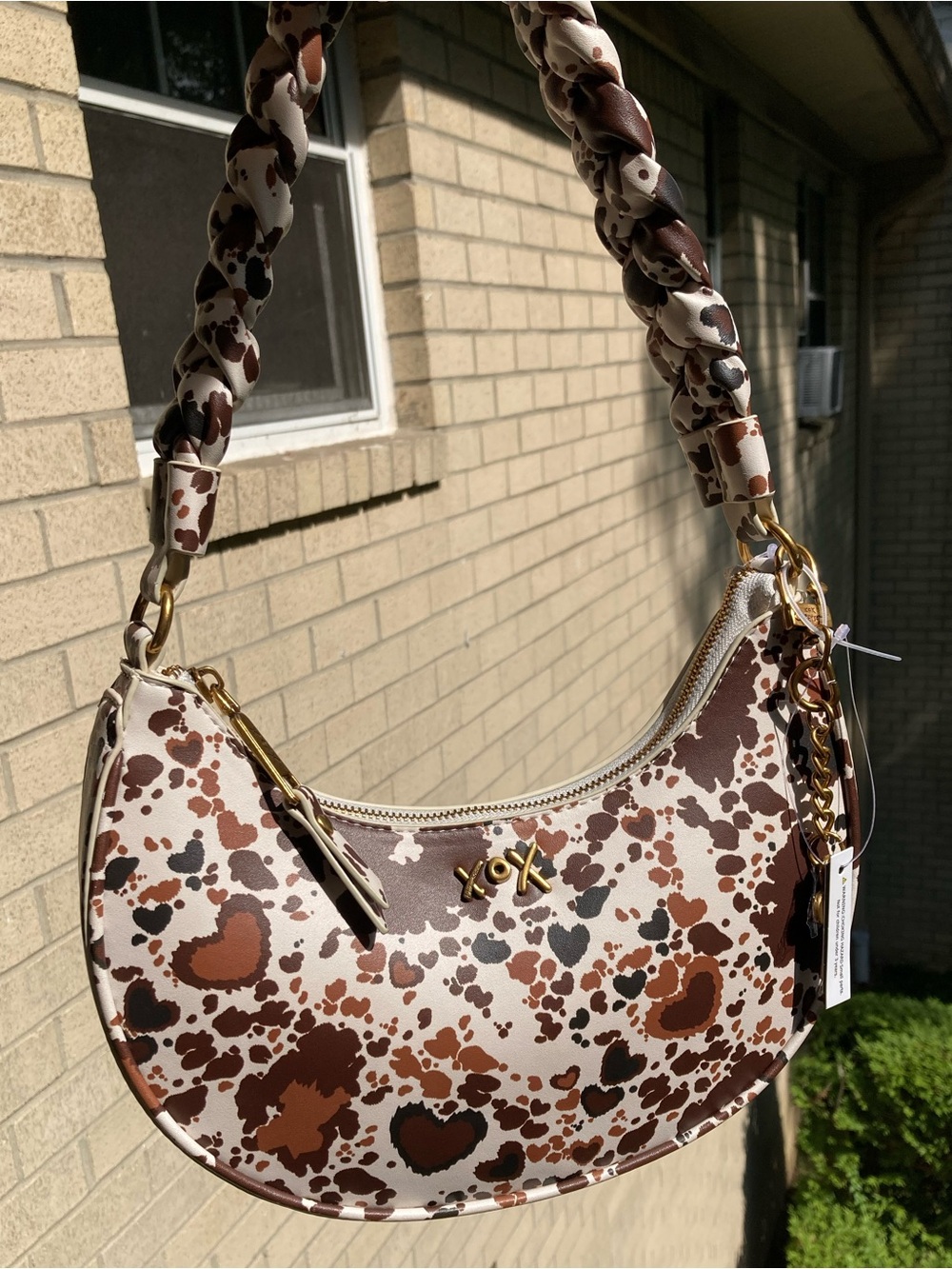 Betsey Johnson Crescent Shoulder Purse Brown White Cow Print Hearts Western